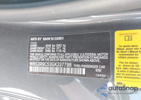 2016 BMW M4 from USA, damaged, VIN WBS3R9C53GK337798